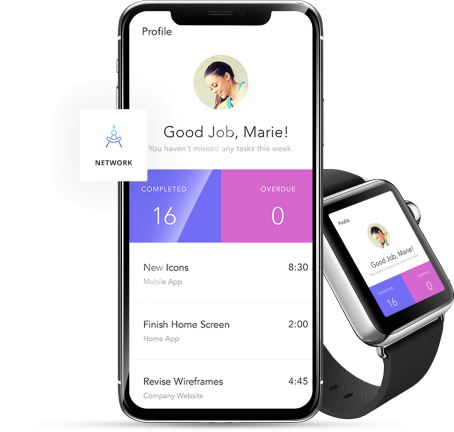 Dashboard van een iOS-app met statistieken en grafieken in moderne stijl.
