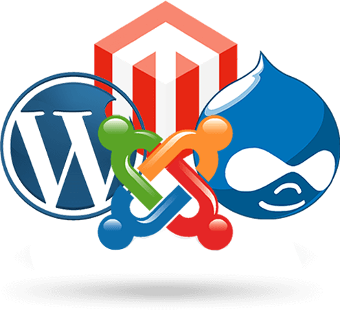 Pictogrammen van WordPress, Magento en Drupal onderling verbonden voor thema-integratiediensten