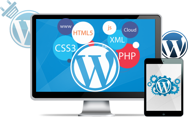 Een desktopmonitor met ronde iconen van Wordress, CSS, HTML5, js, PHP, XML gerelateerd aan WordPress Ontwikkelingen