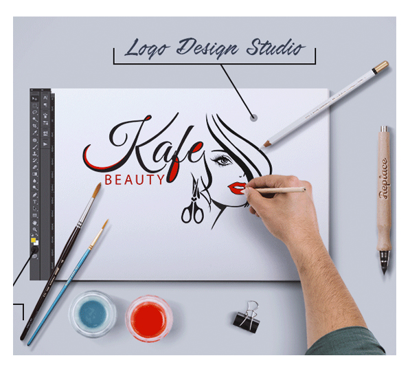 Logo ontwerp studio met een getalenteerde ontwerper en 'Kafe Beauty' tekst op een levendige Photoshop-interface met kleuren en penselen eromheen