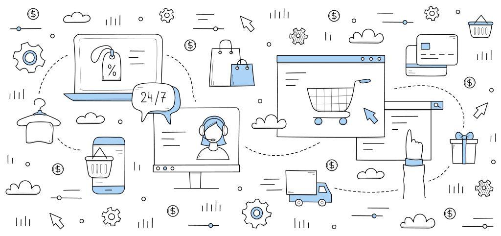 Diverse e-commerce pictogrammen: winkelwagen, tag, laptop, kaart, beeldscherm, boodschappentassen en pakketten