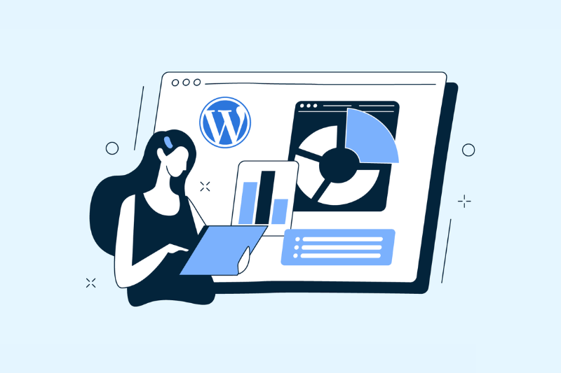 Een WordPress-pluginontwikkelaar staat voor een tabletscherm met een taartdiagram, grafieken en enkele WordPress-logo's, terwijl ze een tablet in haar hand heeft