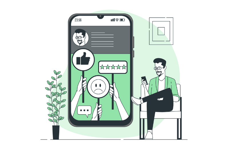 Een glimlachende man kijkt naar zijn smartphone en naast hem is een mobiele telefoon scherm te zien met gebruikersreviews en beoordelingen