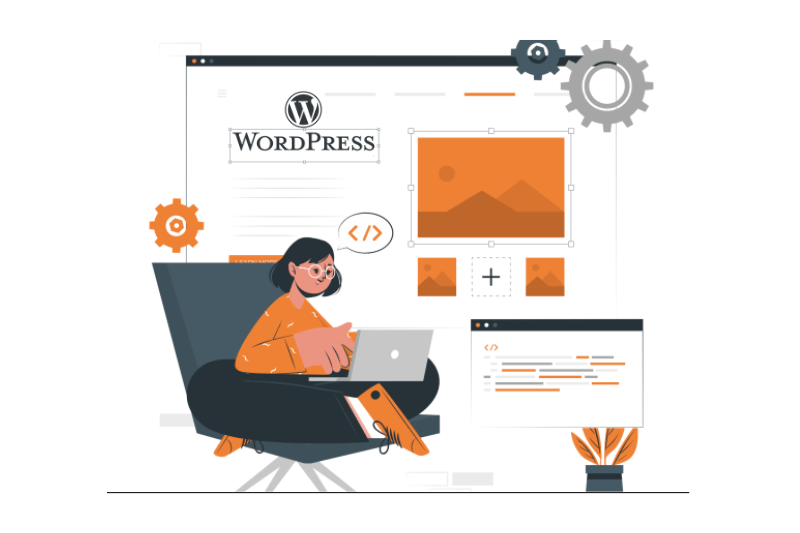 Een meisje zit met een laptop en op de achtergrond is een interface van een WordPress-paginabouwer te zien