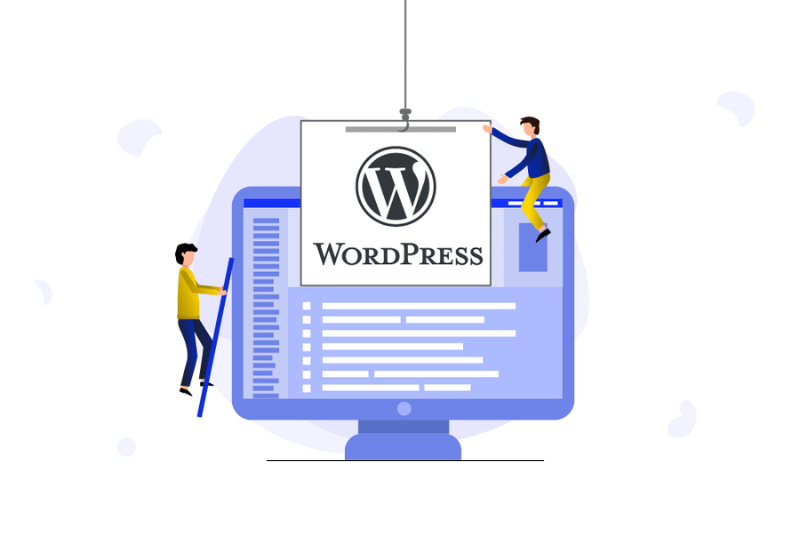 Twee WordPress-ontwikkelaars halen de banner van een WordPress-logo naar beneden met een touw dicht bij een monitorscherm