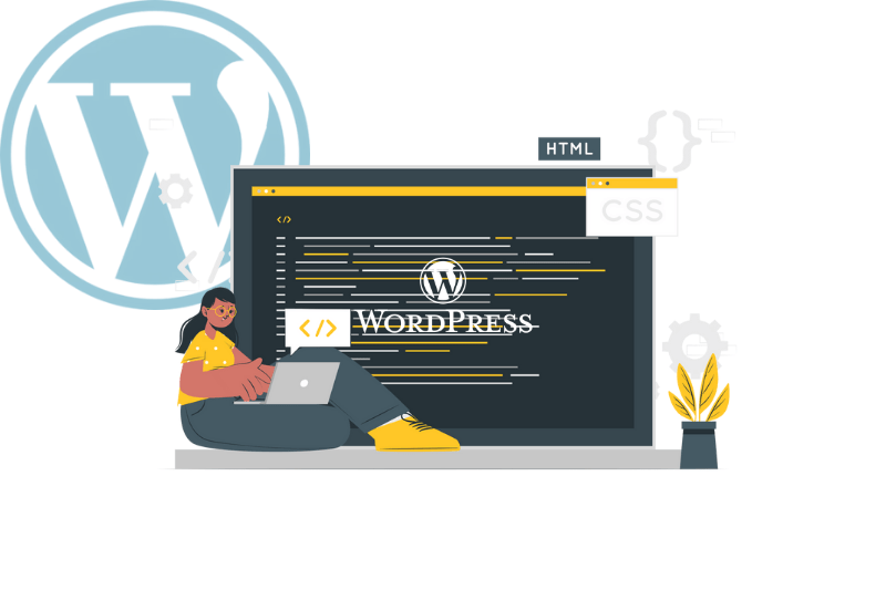 WoraEen WordPress-programmeur staat voor een groot scherm waarop enkele regels code en het WordPress-logo te zien zijndPress Custom Programming