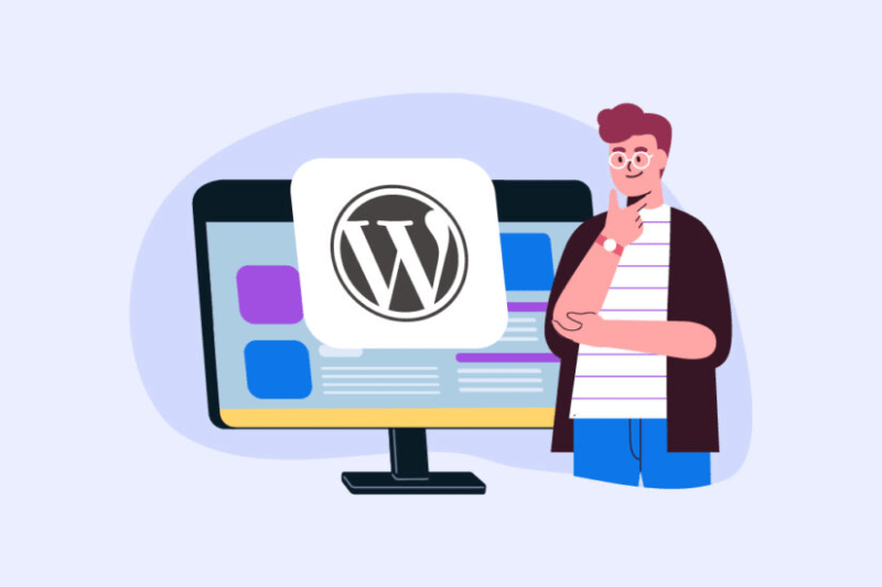Een WordPress-websiteontwerper staat naast een computerscherm met het WordPress-logo en denkt na over iets
