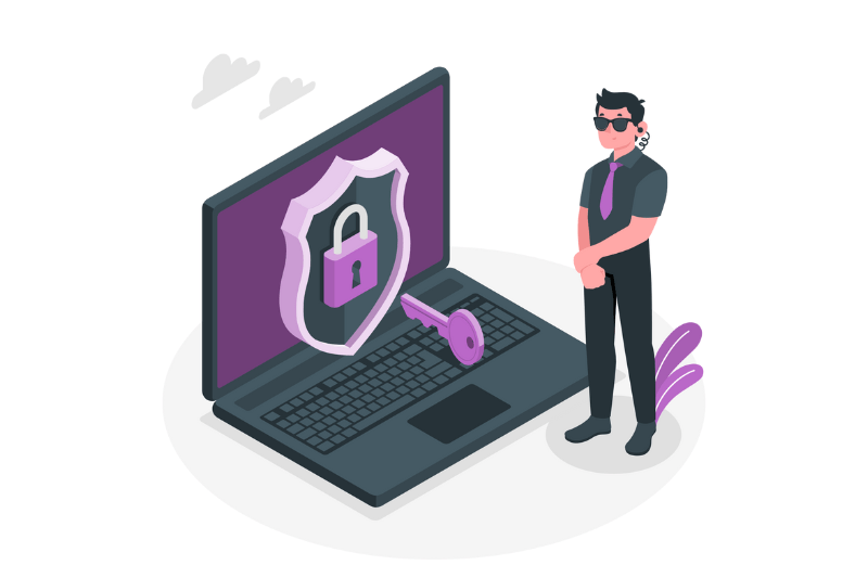 Een WordPress-website-expert draagt een zwarte zonnebril en staat naast een laptop met het symbool van een beveiligingsslot en een sleutel
