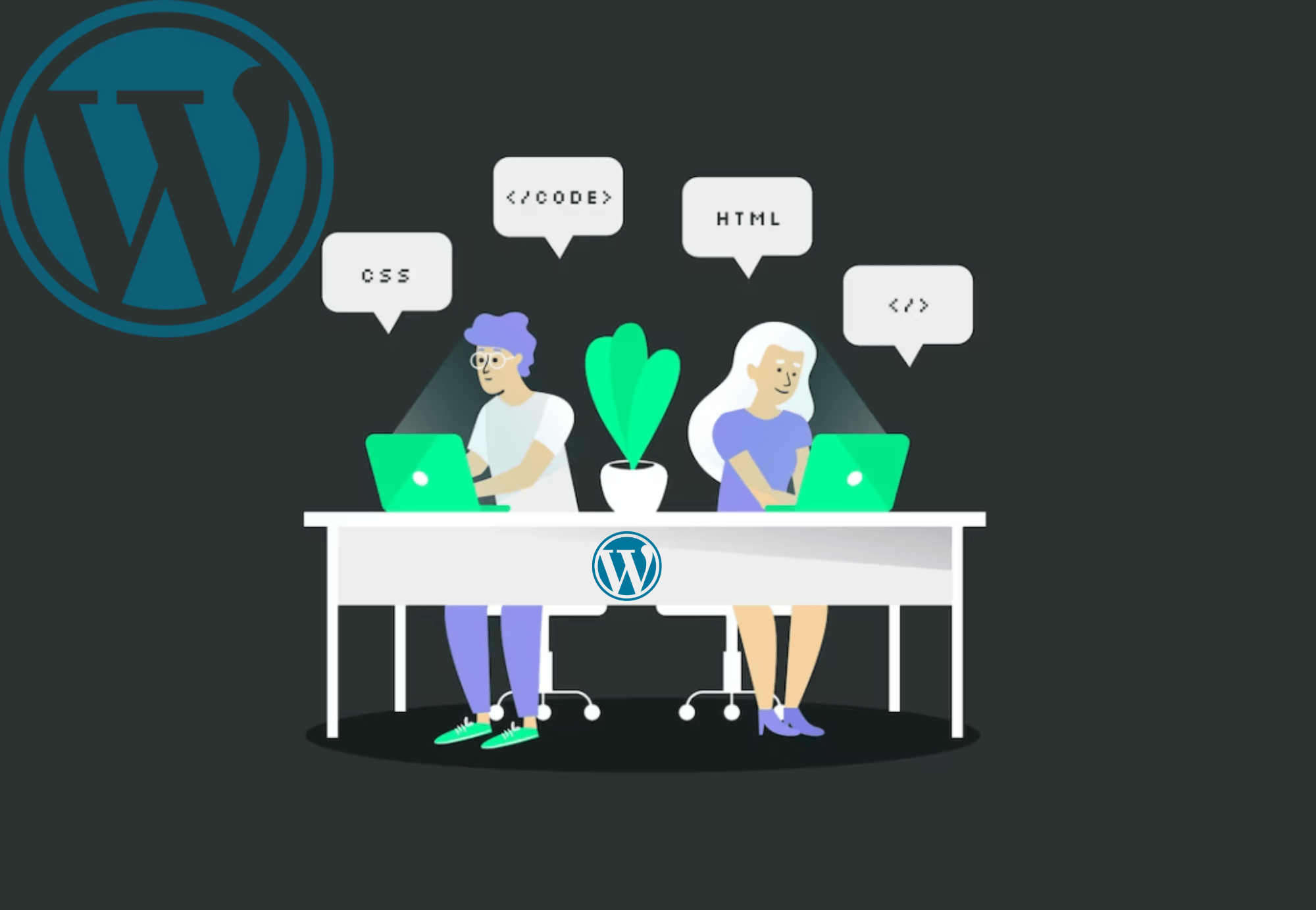 Een afbeelding van twee WordPress Custom Programmeurs die aan hun laptop werken, met het WordPress-logo achter hen"