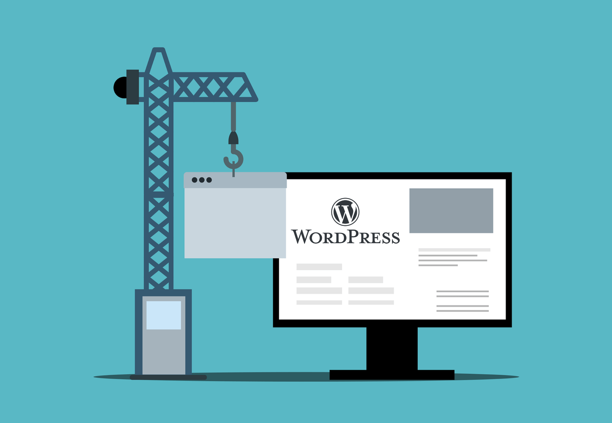 Een desktopmonitor toont een WordPress-website en een WordPress-pagina die aan een kraan hangt, waarbij het proces van het bouwen van de pagina wordt weergegeven