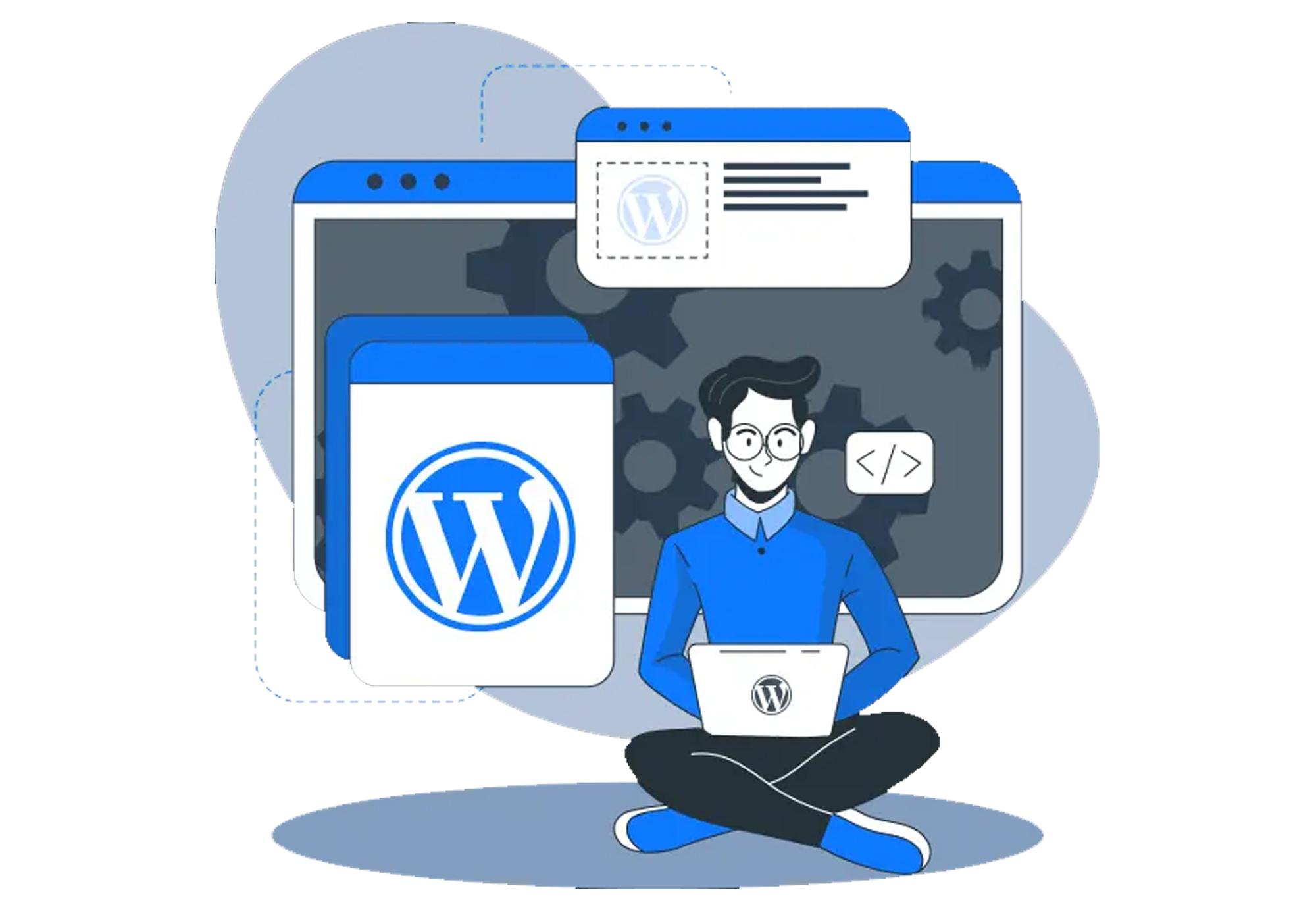 Een afbeelding van een WordPress-websiteontwikkelaar die zit met zijn laptop en enkele schermen achter hem met het WordPress-logo