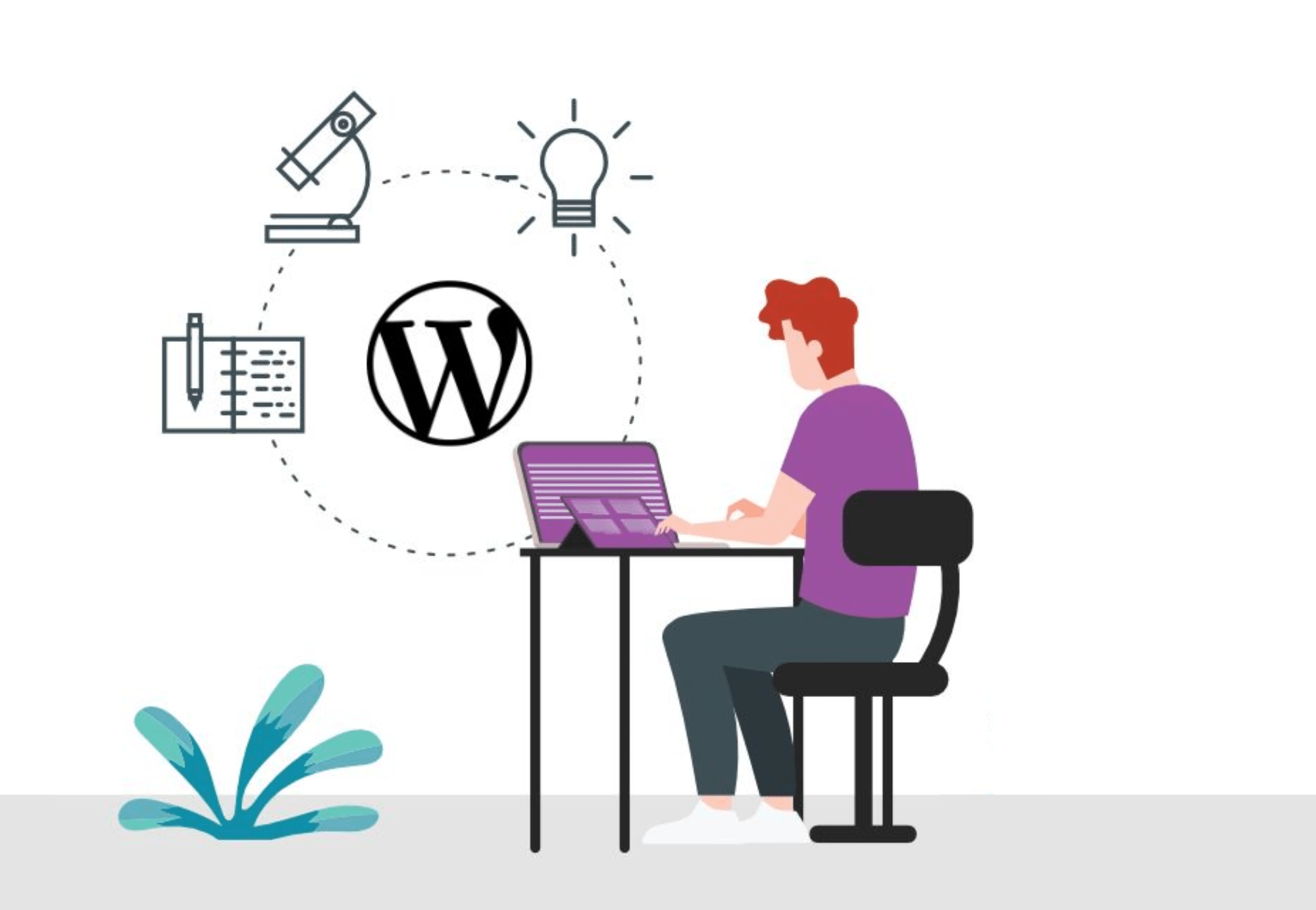 WordPress E-commerce programmeur werkt aan een laptop met iconen van een microscoop, een gloeilamp, een notitieboekje en een WordPress-logo.