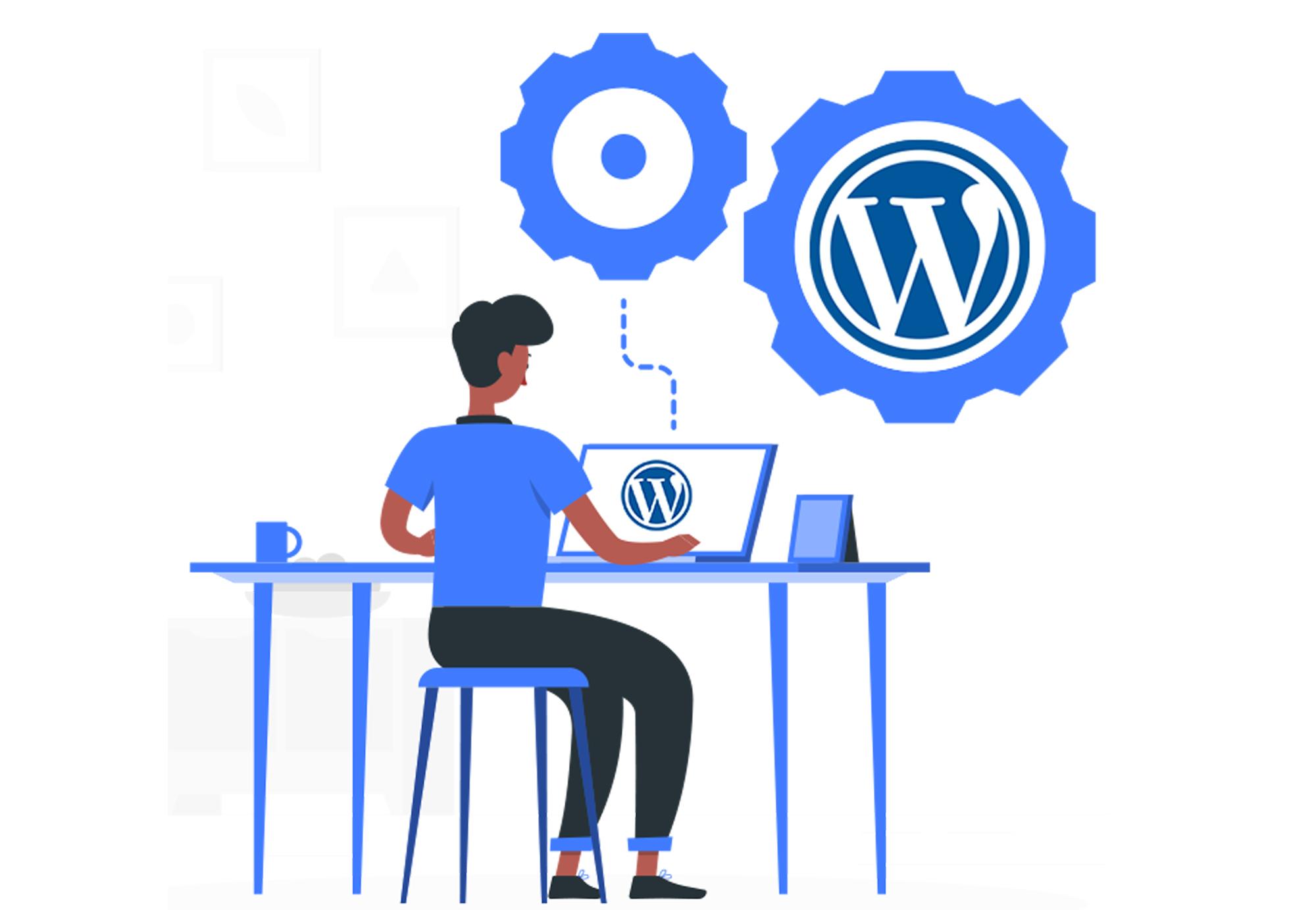 Een WordPress-specialist zit aan een bureau en controleert een WordPress-website op zijn laptop