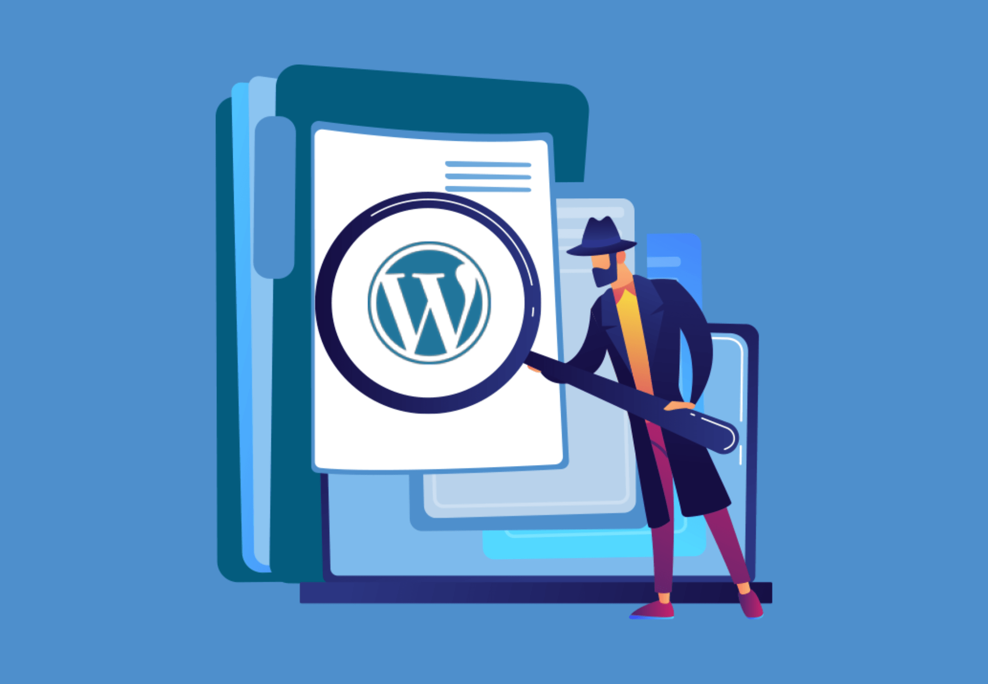 Een WordPress-website-expert gekleed in het zwart, draagt een zwarte hoed en houdt een vergrootglas boven het WordPress-logo op een computerscherm.