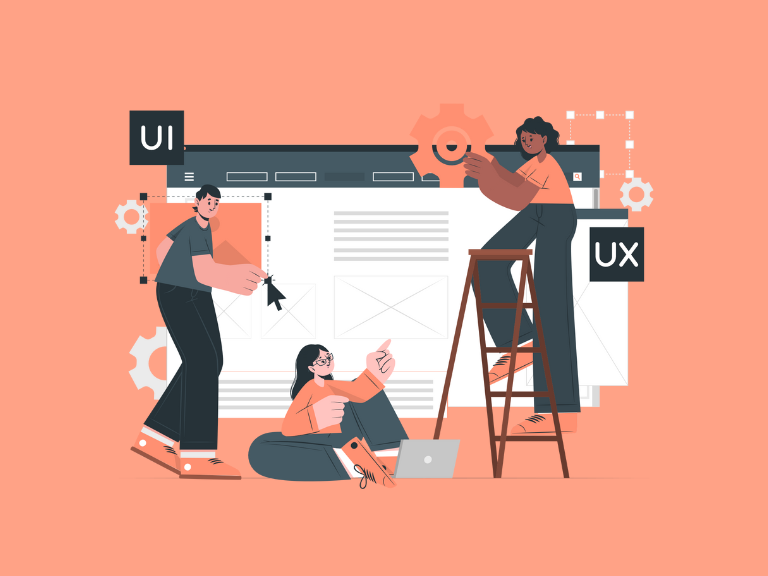 Drie personen werken aan het verbeteren van de UX en UI-ontwerpen van een webpagina voor Zelf website maken.