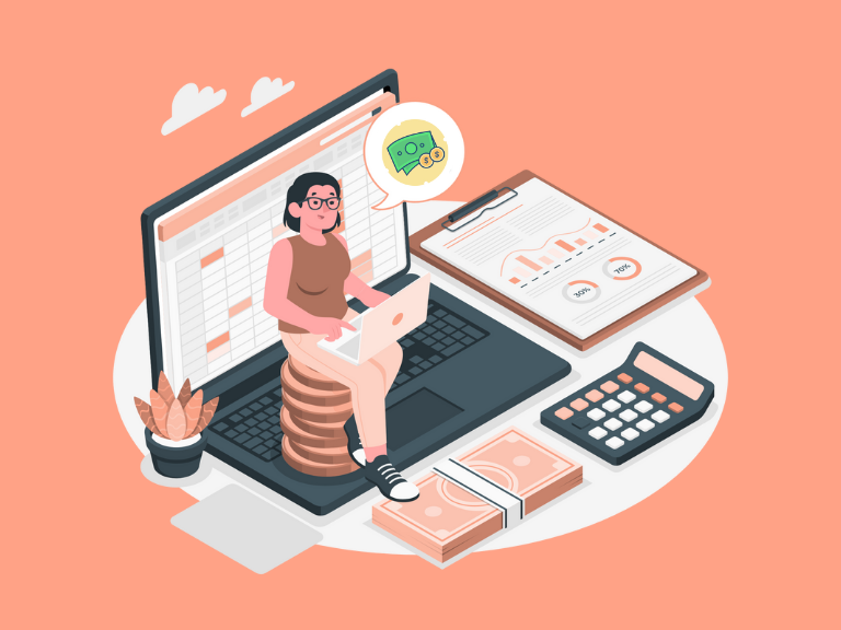 Dame ontwikkelaar zittend met laptop op stapel munten, omringd door geld, calculator en analytische grafiek - website maken kosten