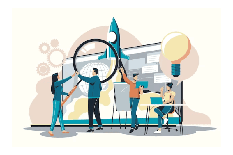 Mensen die discussiëren over de webdesign-trends met een raket op het scherm achter hen