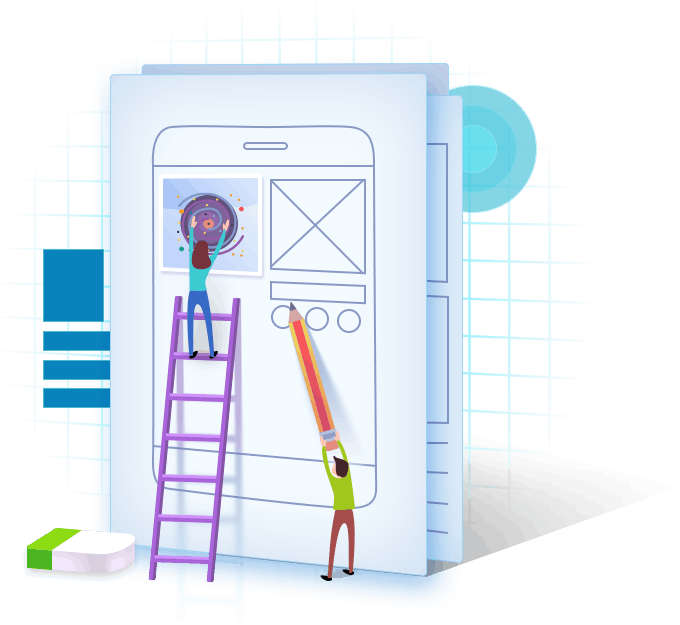 Meisje traplopen, man assisteert bij het ontwerpen van UX/UI-apps