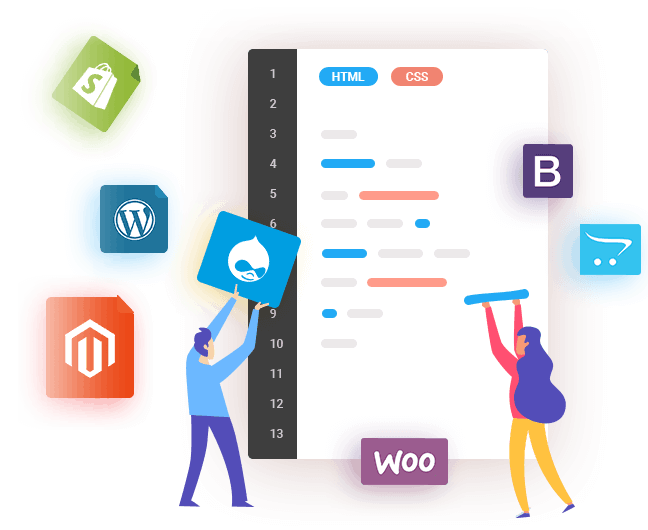 Jongen en meisje bezig met website ontwerp en codering in IDE met HTML en CSS, omringd door Shopify-, WordPress-, Magento-, WooCommerce- en Drupal-iconen, die de volledige ontwikkeling van de webshop vertegenwoordigen